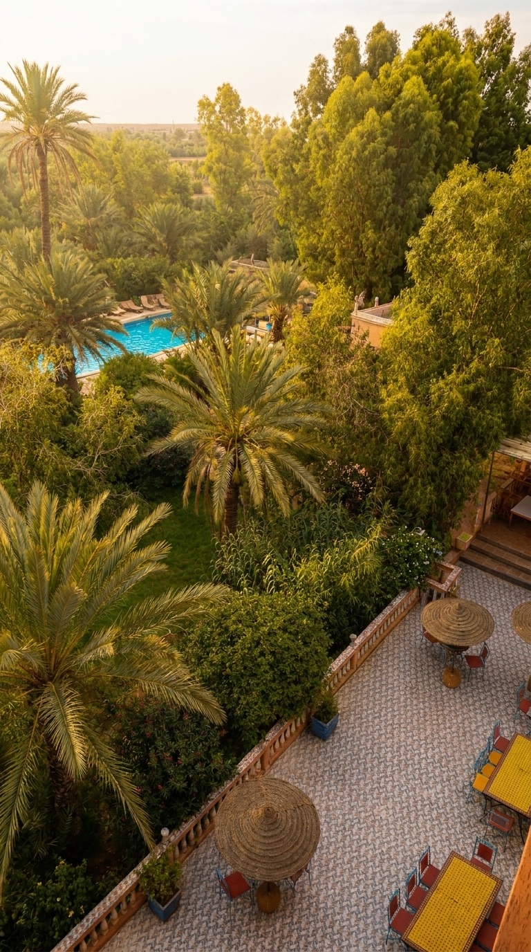 Jardins, piscine et terrasse en mosaïque vus depuis la tour