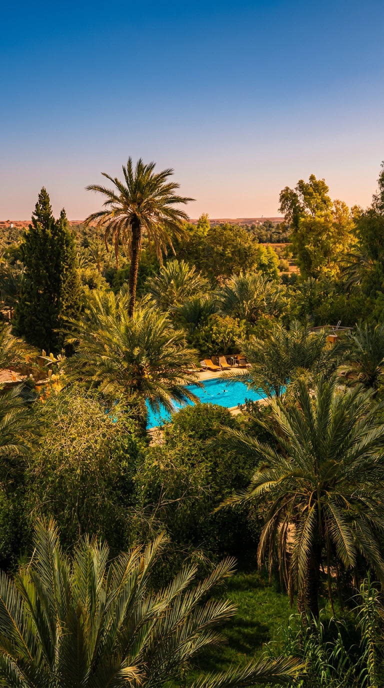 Vue aérienne au crépuscule — la piscine turquoise au cœur de la palmeraie