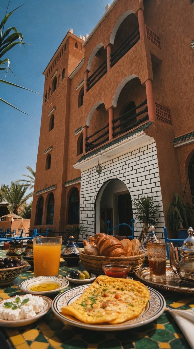 Petit-déjeuner de msemens, jus d'orange et thé à la menthe sur la terrasse au pied de la kasbah