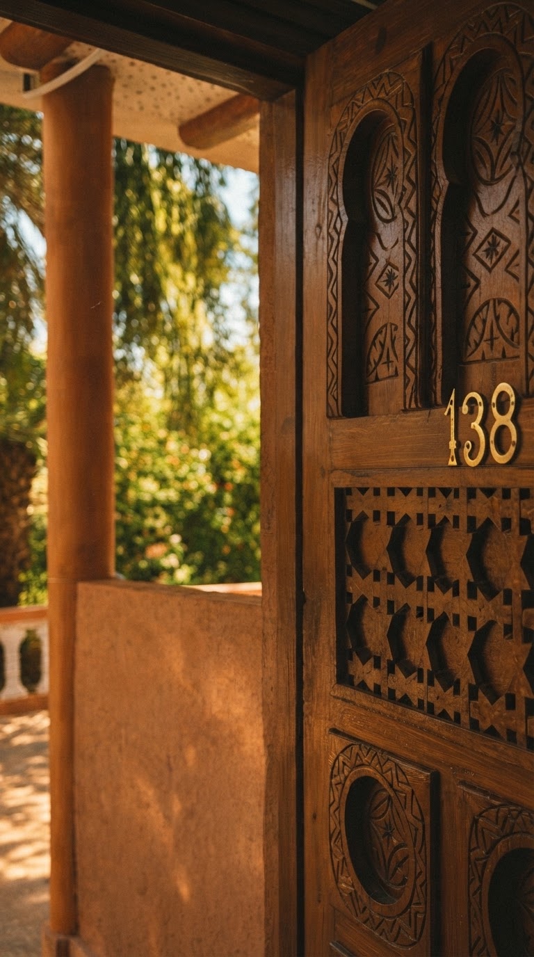 Porte de chambre en cèdre sculpté ouvrant sur la galerie du jardin
