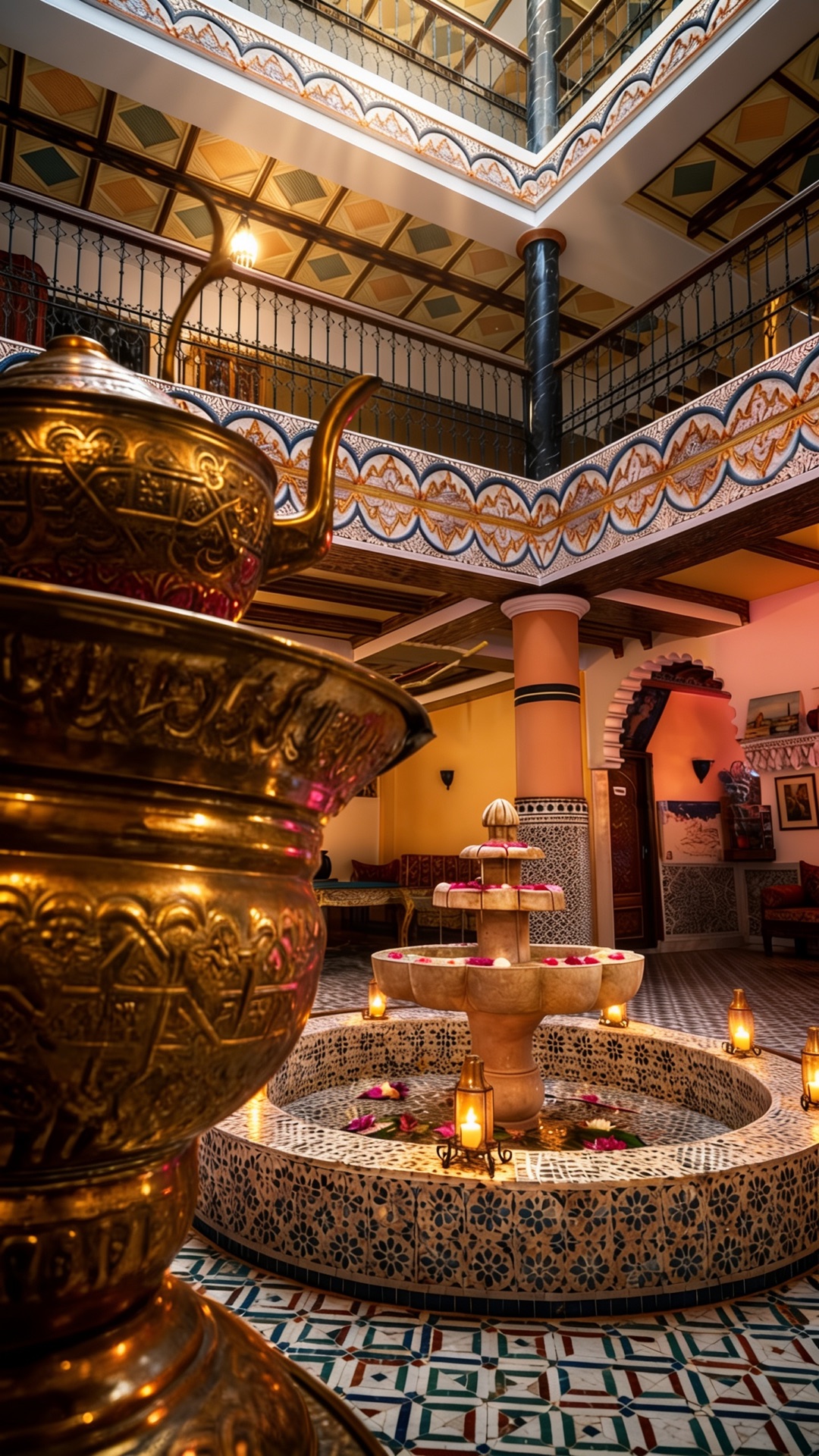 Samovar en laiton près de la fontaine en mosaïque de la cour