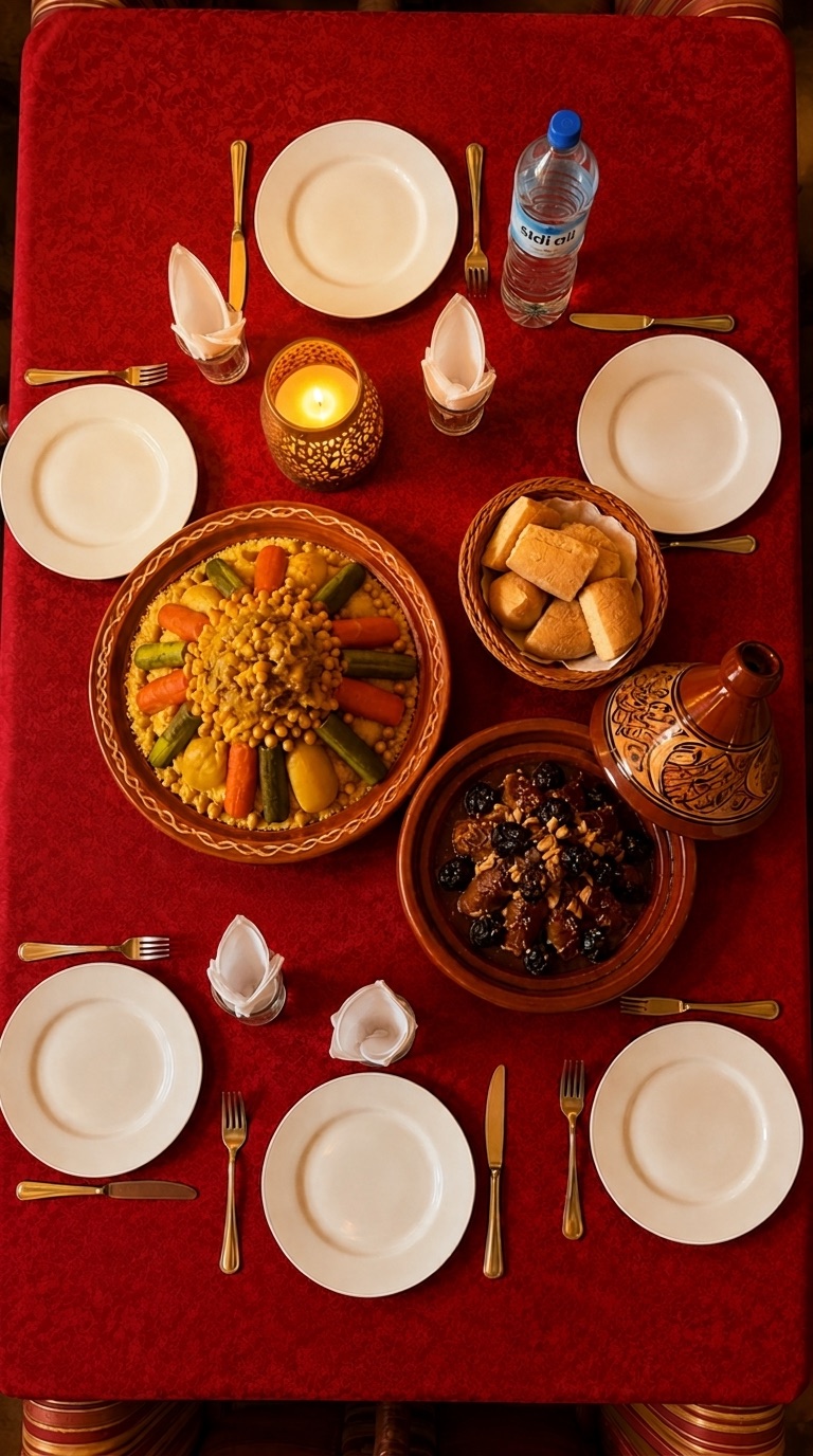 Couscous royal aux oignons caramélisés, dressé pour quatre
