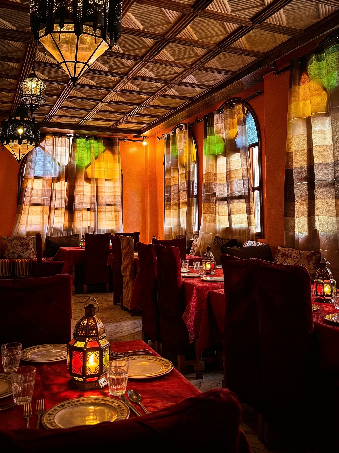 Le restaurant le soir — nappes rouges, lanternes et plafonds peints