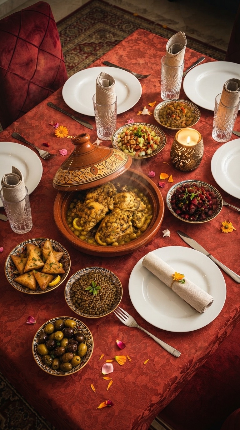 Tajine de poulet au citron et aux olives servi avec des salades marocaines