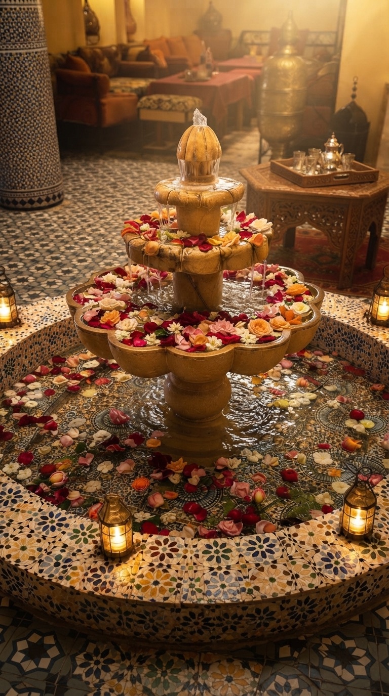 Fontaine à étages couverte de pétales de rose et de lanternes