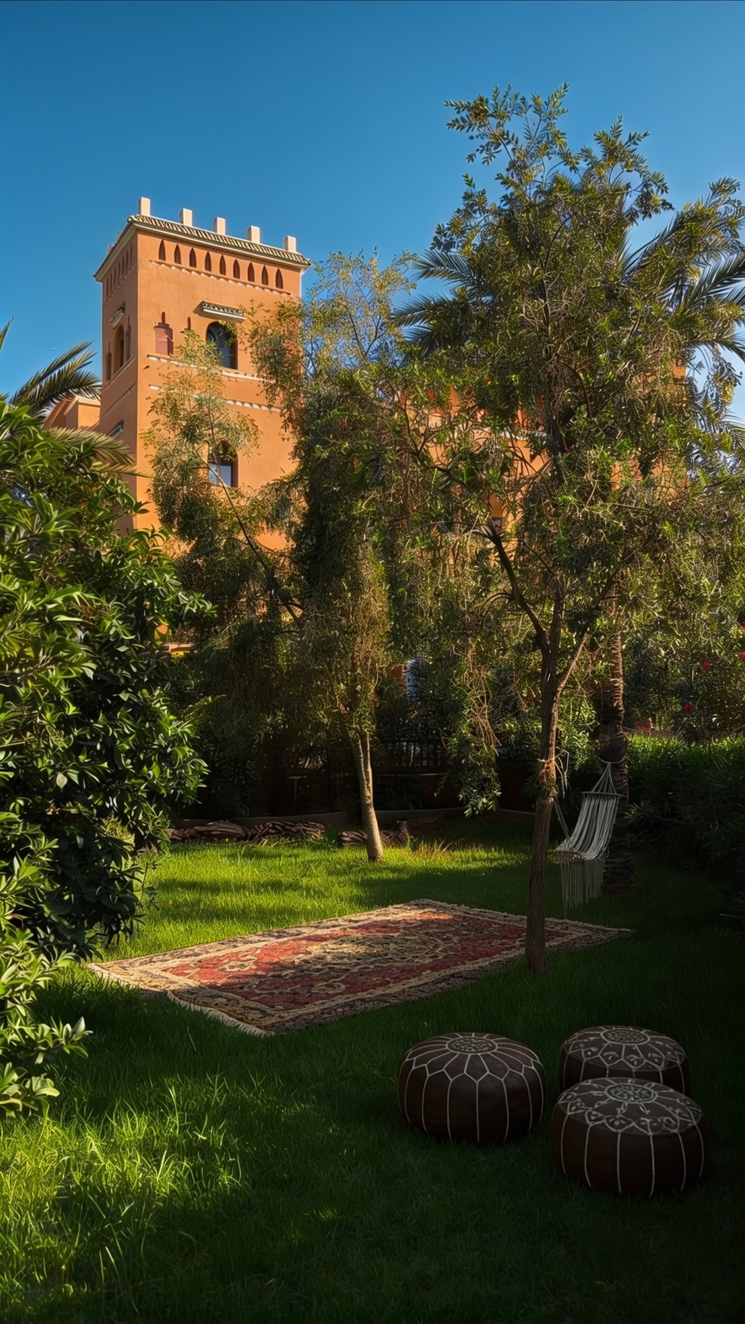 Pelouse et tapis berbère dans les jardins au pied de la tour de la kasbah