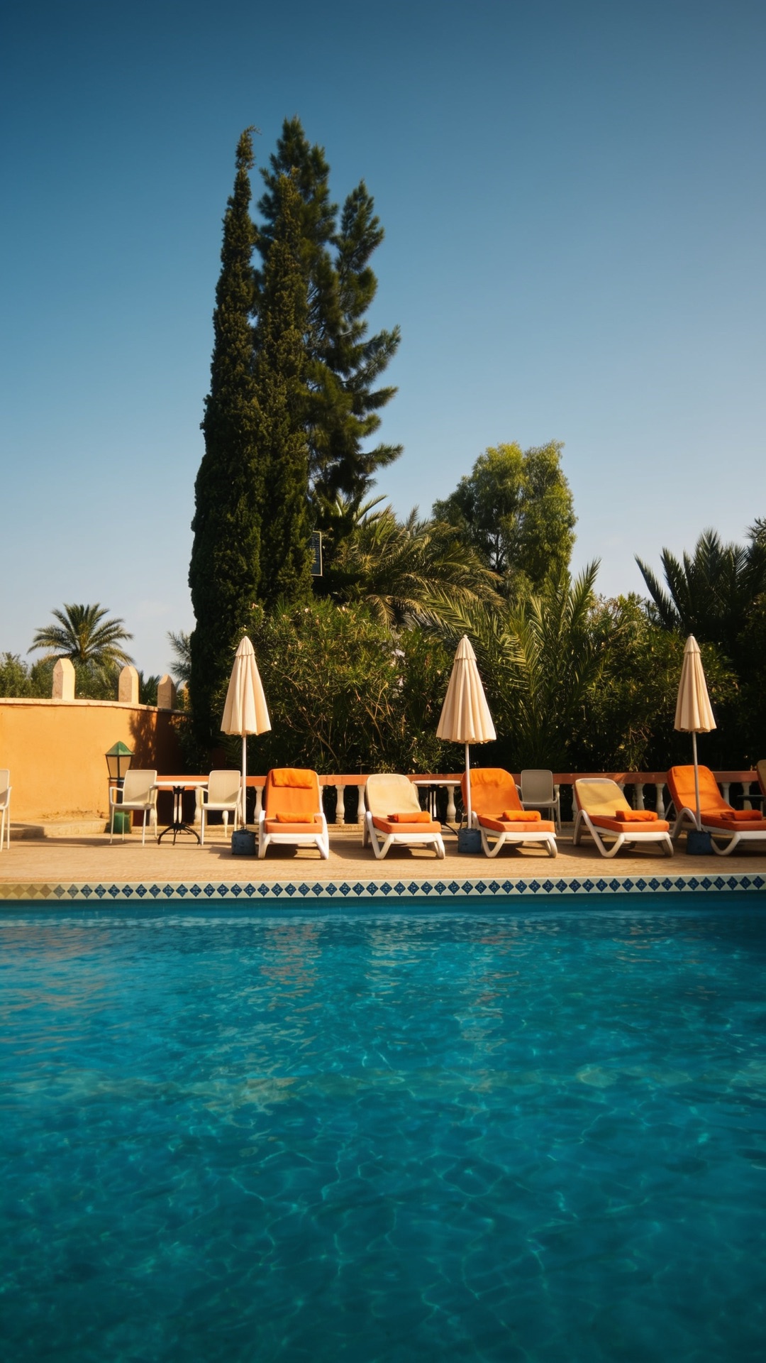 Transats et parasols le long de la piscine bordée de palmiers