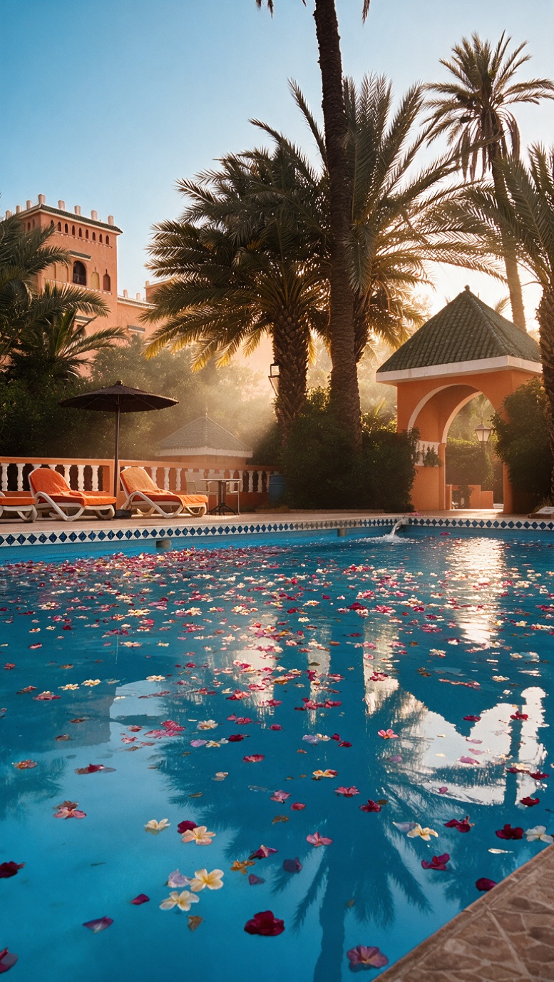 Pétales de rose éparpillés sur la piscine à l'aube