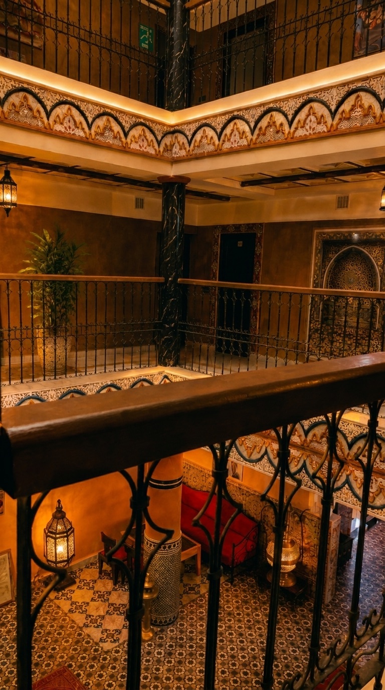 Atrium à galeries avec balustrades en fer forgé et sols en zellige