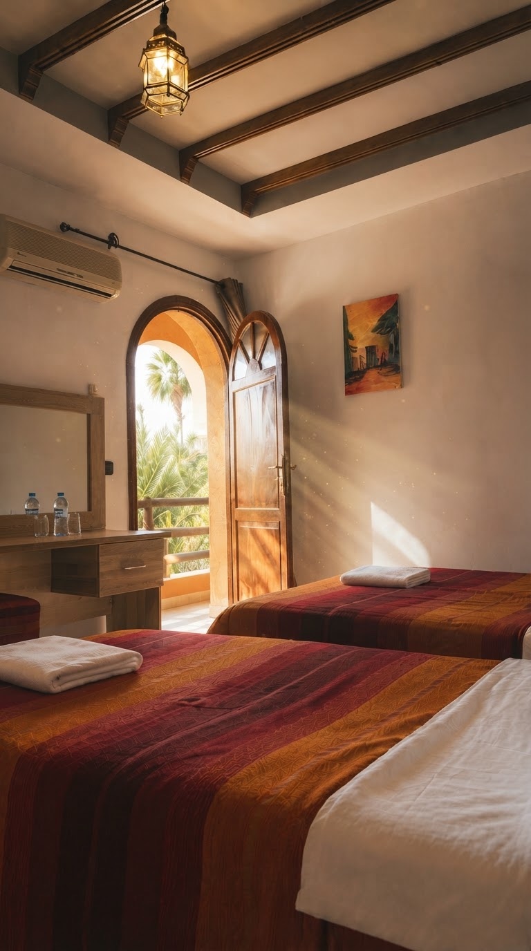 Chambre twin aux couvertures tissées et porte cintrée donnant sur le balcon