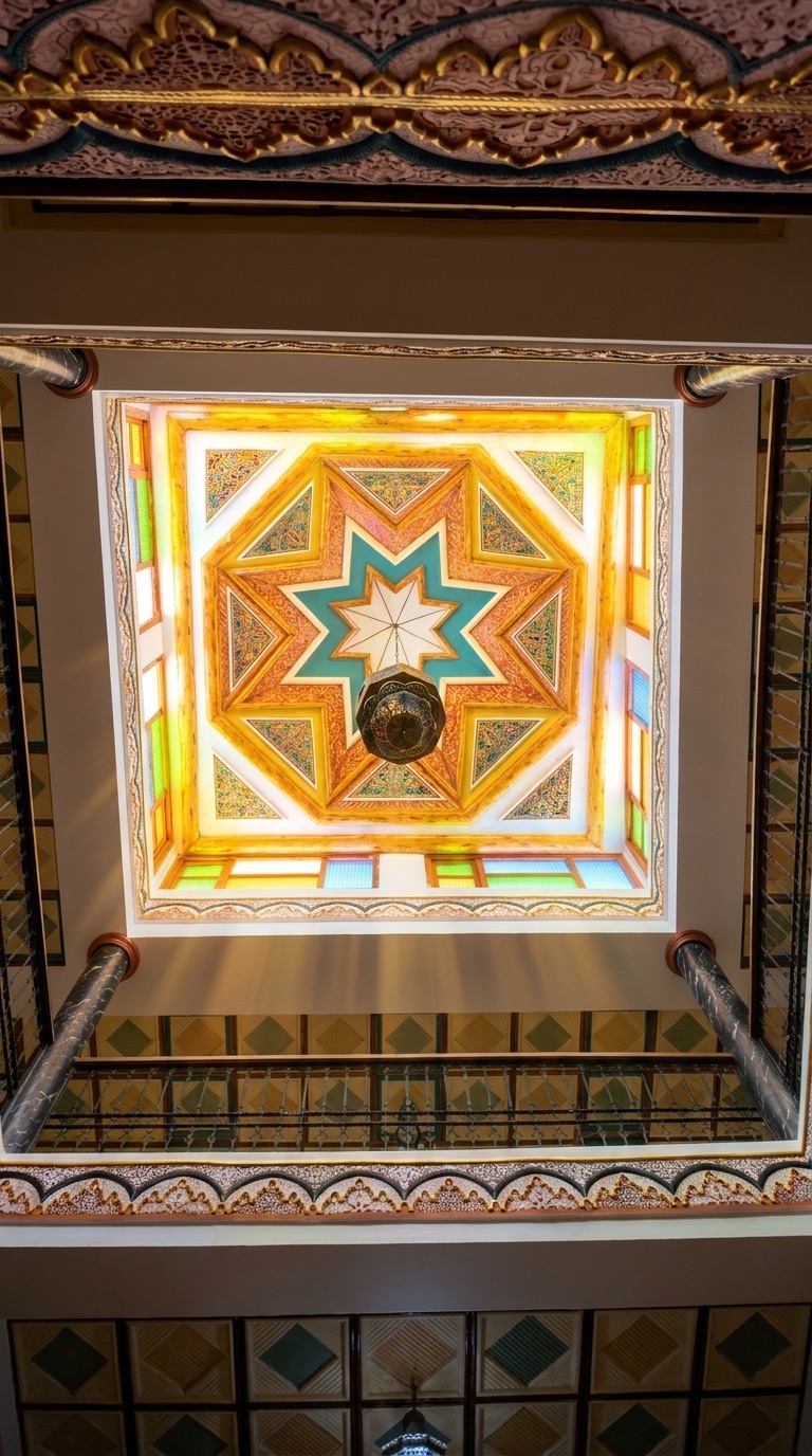 Plafond à coupole de vitraux orné d'une étoile à huit branches