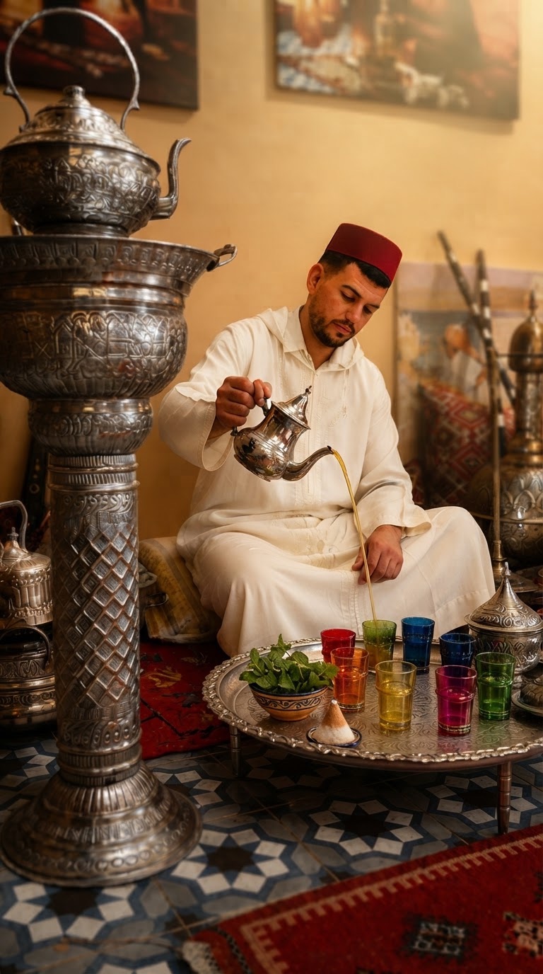 Thé à la menthe versé à la manière traditionnelle près des samovars en argent